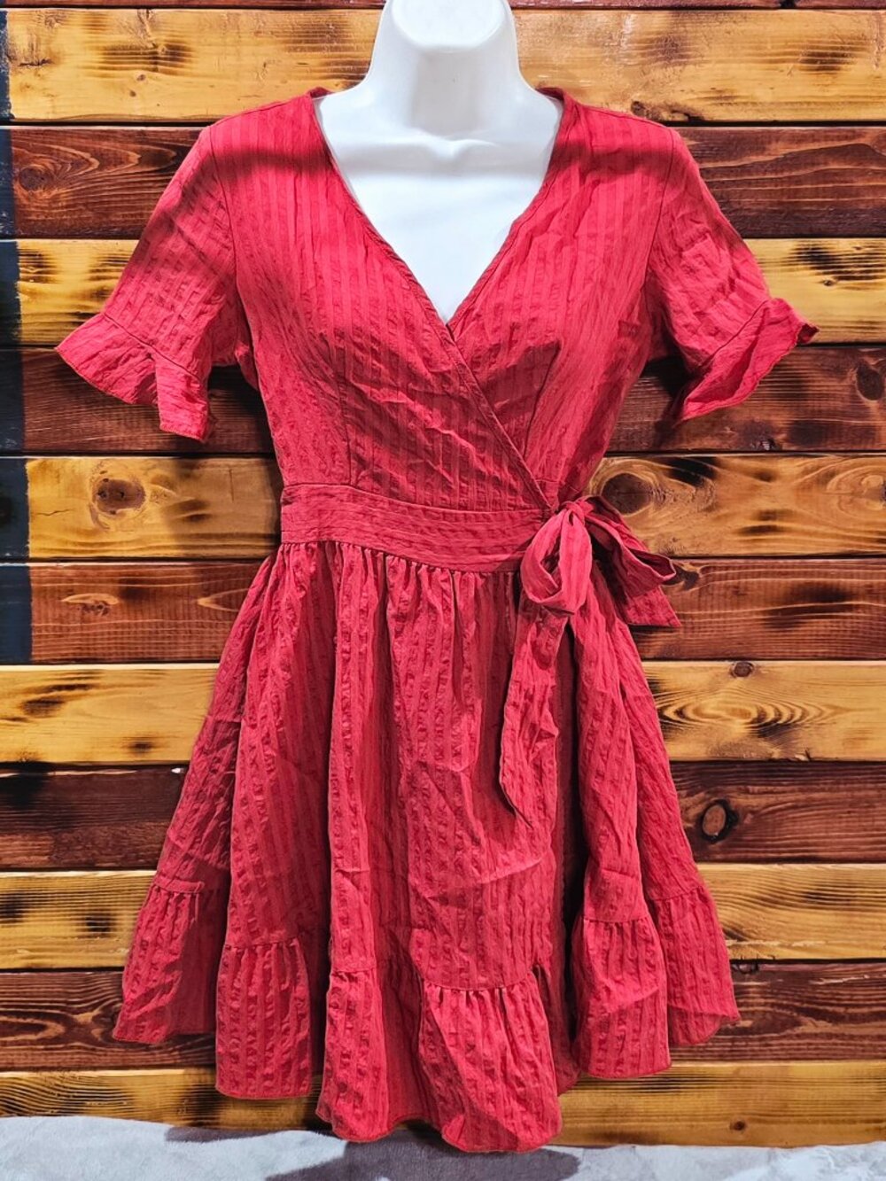 SHEIN Red Seersucker Textured True Wrap Ruffle Mini Dress XS 2